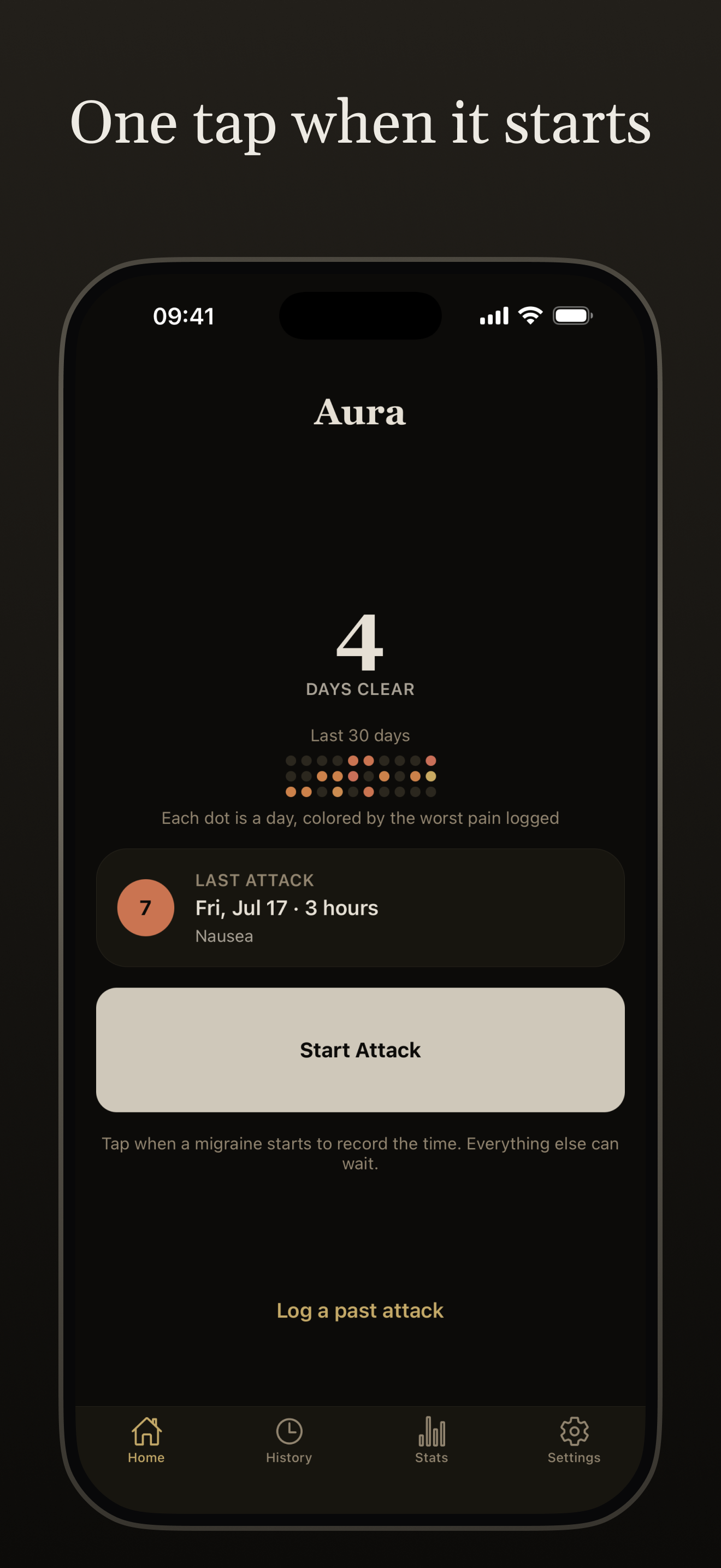Aura home screen showing days clear, a recent attack, and the Start Attack button