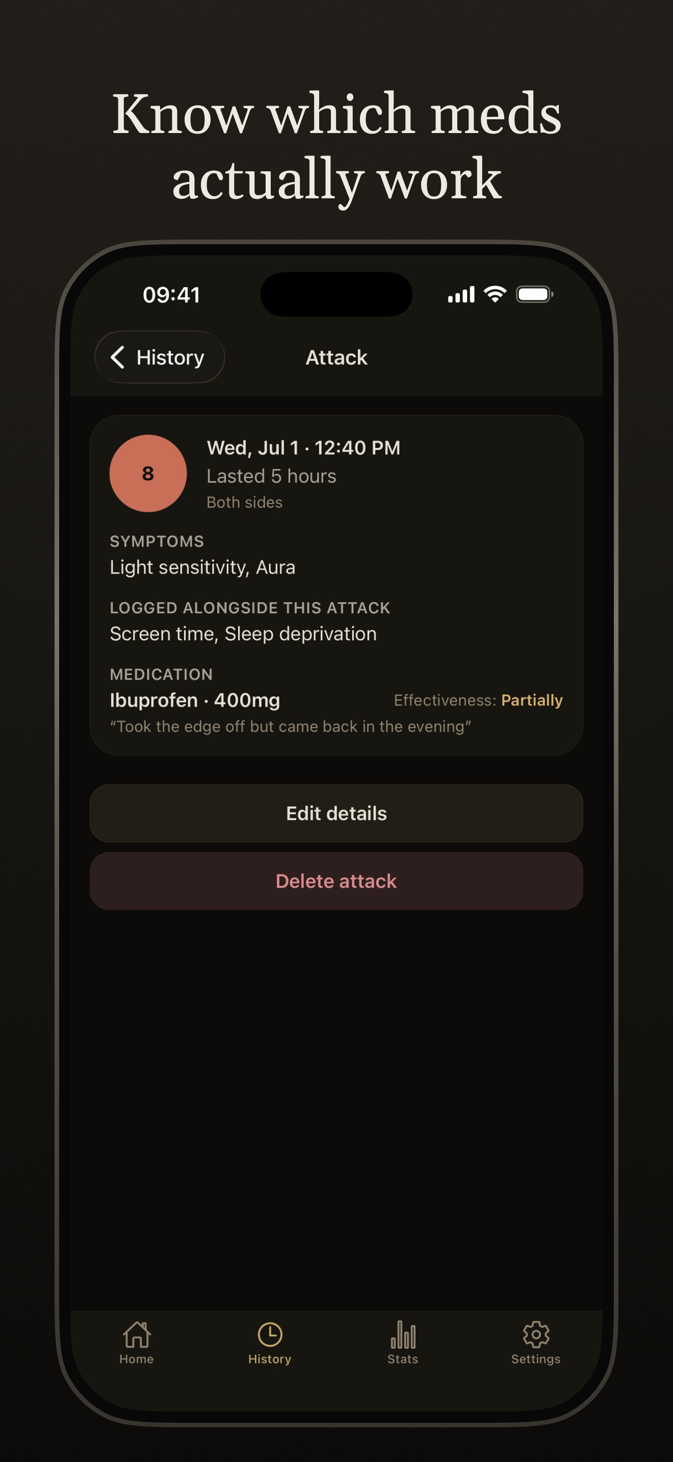 Aura attack detail showing pain, symptoms, context, medication, and effectiveness