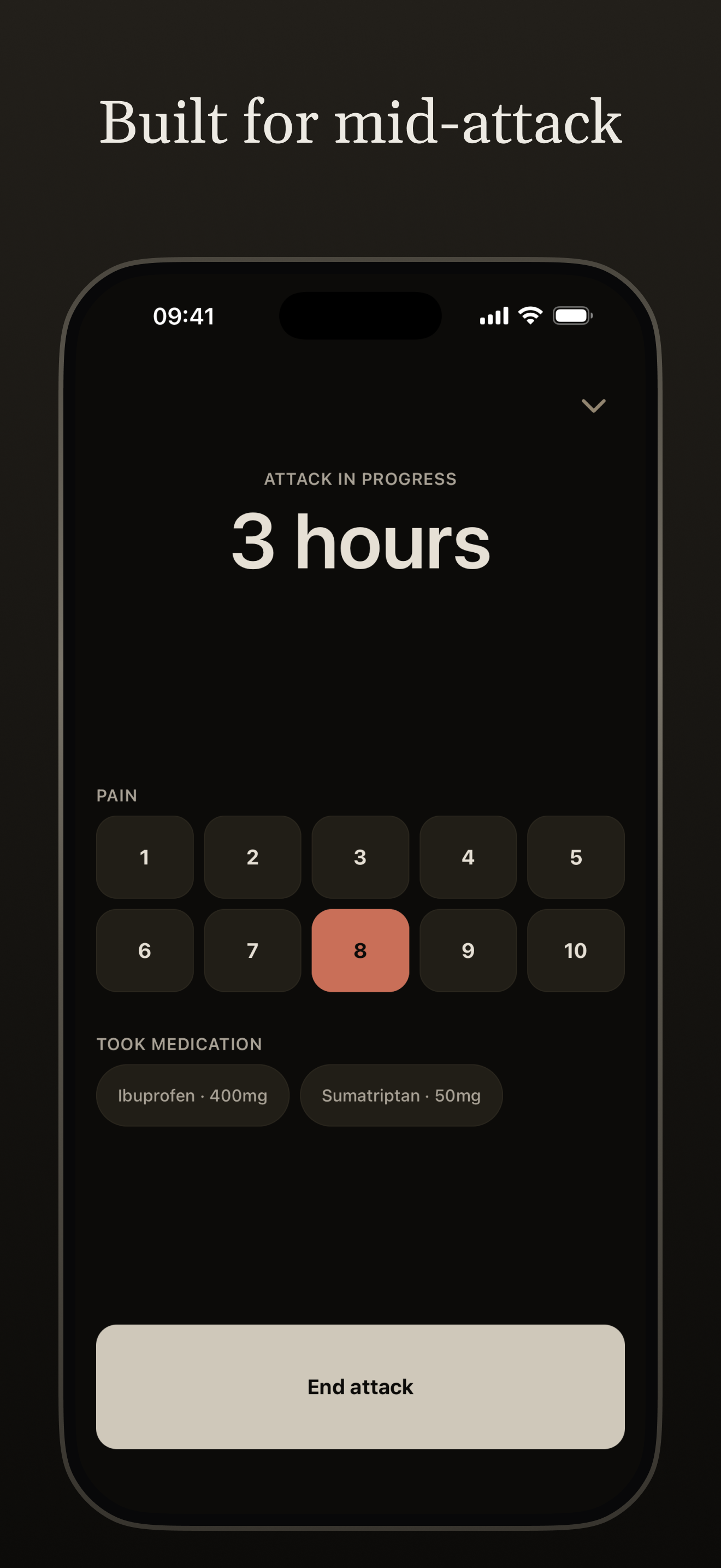 Aura low-light attack mode showing duration, pain level, medications, and the End Attack button